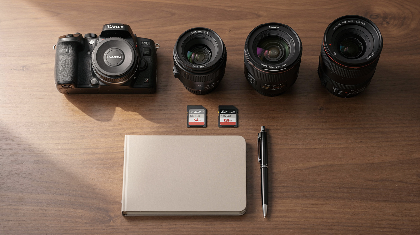 Flat lay of camera equipment and lenses